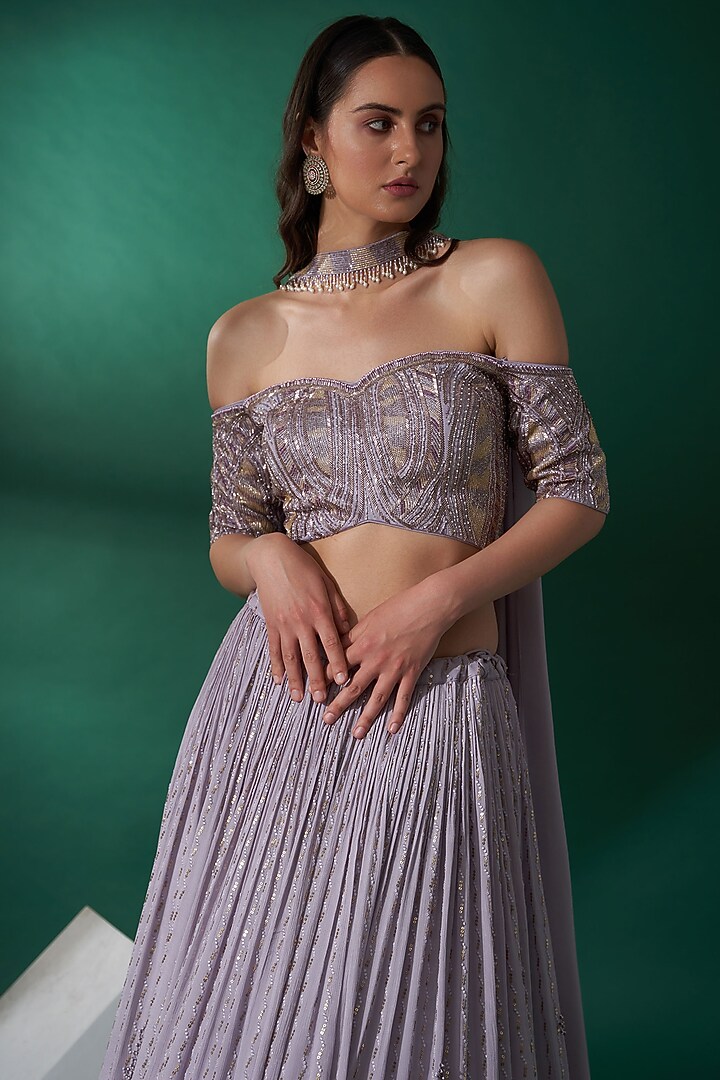 Lilac Satin Silk & Georgette Crepe Hand Embroidered Wedding Lehenga Set by Suruchi Parakh at Pernia's Pop Up Shop