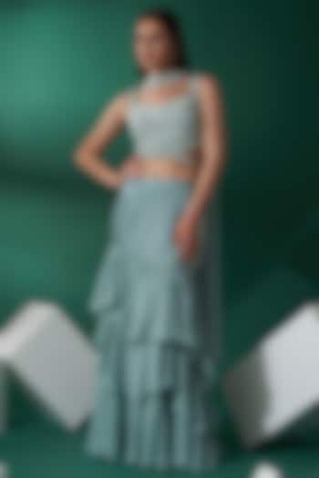 Sea Green Satin Silk & Georgette Crepe Fish Cut Wedding Lehenga Set by Suruchi Parakh at Pernia's Pop Up Shop