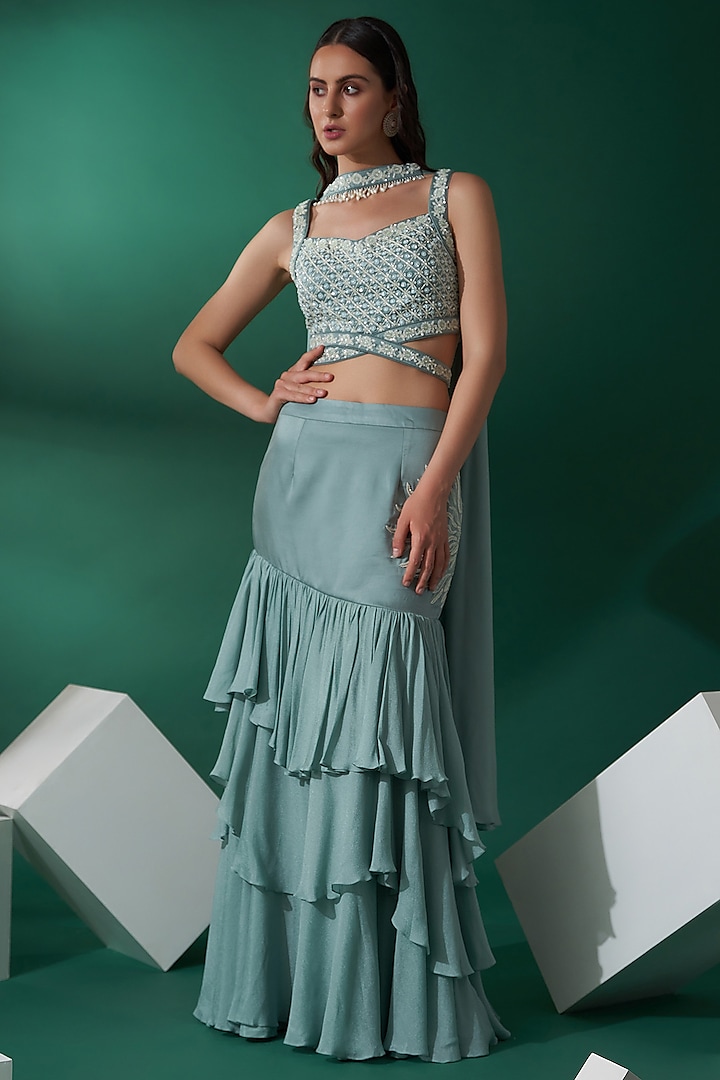 Sea Green Satin Silk & Georgette Crepe Fish Cut Wedding Lehenga Set by Suruchi Parakh at Pernia's Pop Up Shop