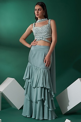 Sea Green Satin Silk & Georgette Crepe Fish Cut Lehenga Set by Suruchi Parakh