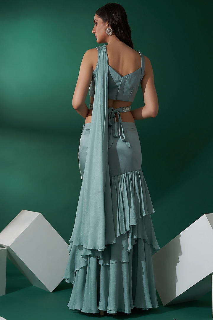Sea Green Satin Silk & Georgette Crepe Fish Cut Wedding Lehenga Set by Suruchi Parakh at Pernia's Pop Up Shop