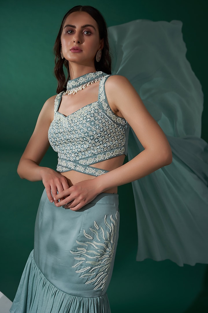 Sea Green Satin Silk & Georgette Crepe Fish Cut Wedding Lehenga Set by Suruchi Parakh at Pernia's Pop Up Shop