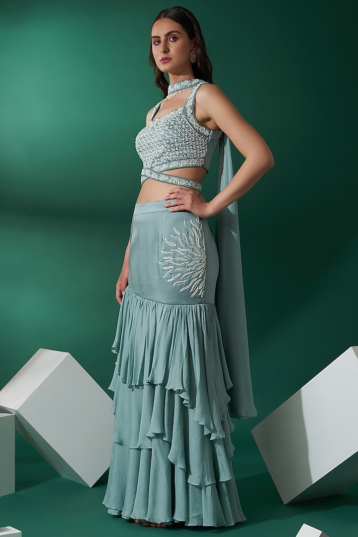 Sea Green Satin Silk & Georgette Crepe Fish Cut Wedding Lehenga Set by Suruchi Parakh at Pernia's Pop Up Shop