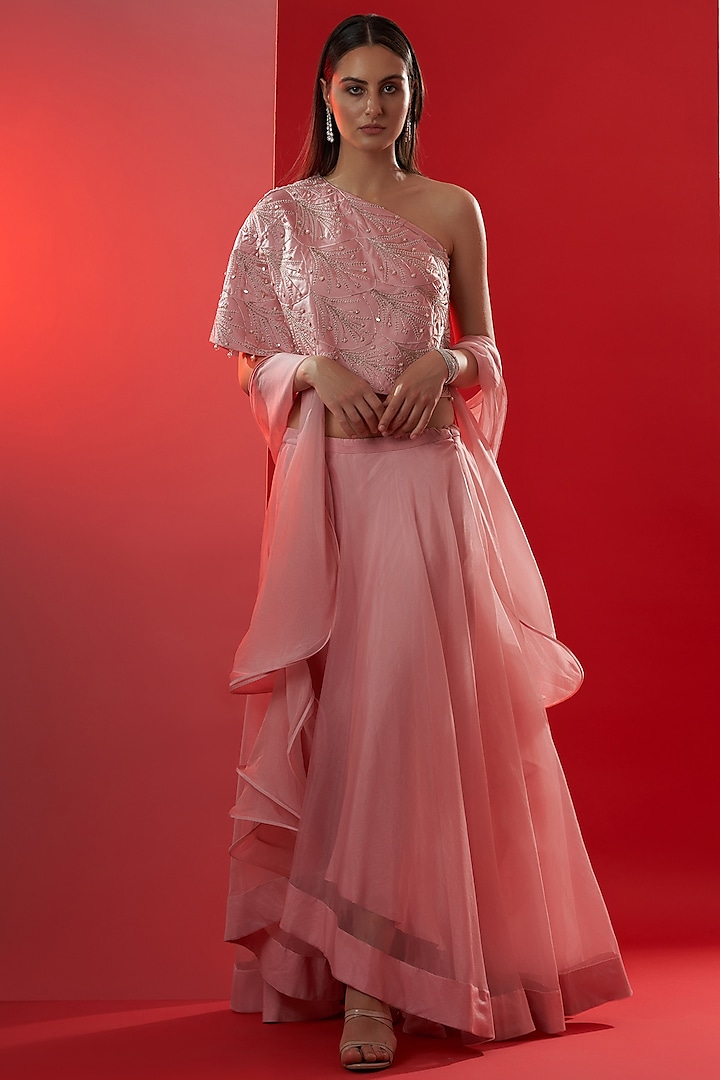 Pink Satin Silk & Organza High-Low Wedding Lehenga Set by Suruchi Parakh at Pernia's Pop Up Shop