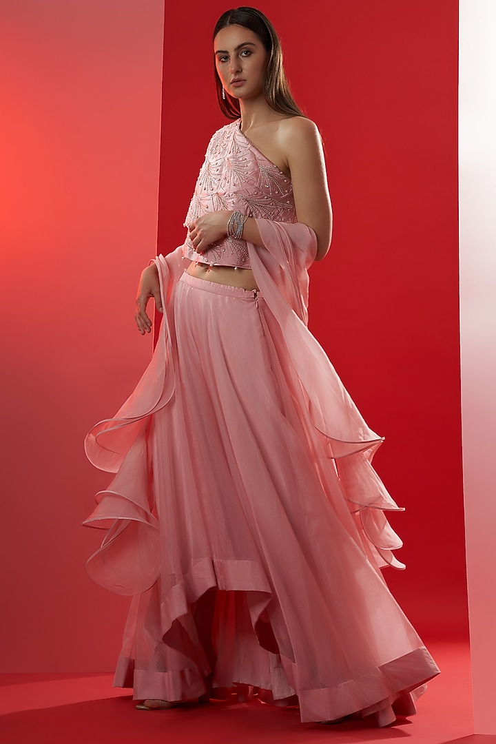 Pink Satin Silk & Organza High-Low Wedding Lehenga Set by Suruchi Parakh at Pernia's Pop Up Shop