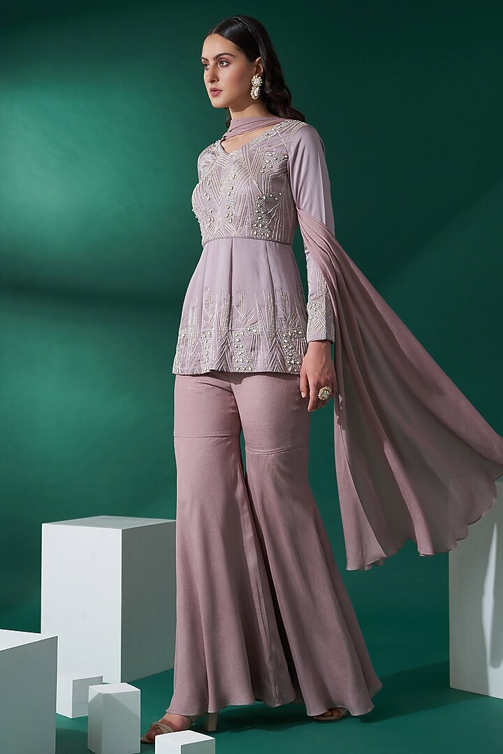 Nude Brown Georgette & Satin Flared Wedding Sharara Set by Suruchi Parakh at Pernia's Pop Up Shop