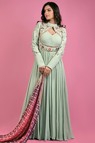 Sea Green Embroidered Flared Anarkali Set by Suruchi Parakh