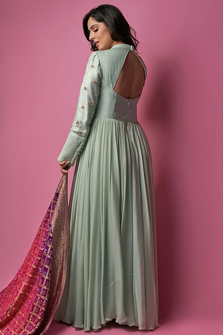Sea Green Embroidered Flared Wedding Anarkali Set by Suruchi Parakh at Pernia's Pop Up Shop
