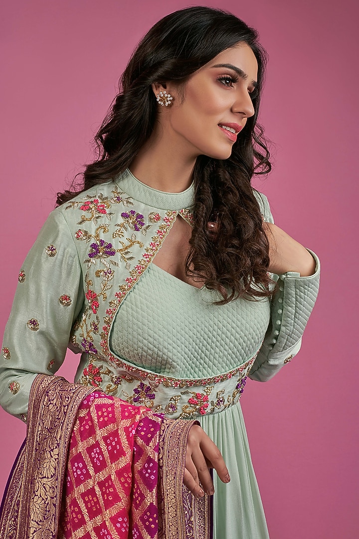 Sea Green Embroidered Flared Wedding Anarkali Set by Suruchi Parakh at Pernia's Pop Up Shop