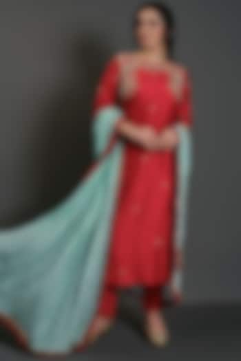 Red Handcrafted Straight Kurta Set by Suruchi Parakh