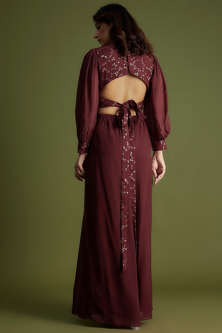 Wine Chanderi Silk & Georgette Flared Pant Set by Suruchi Parakh at Pernia's Pop Up Shop