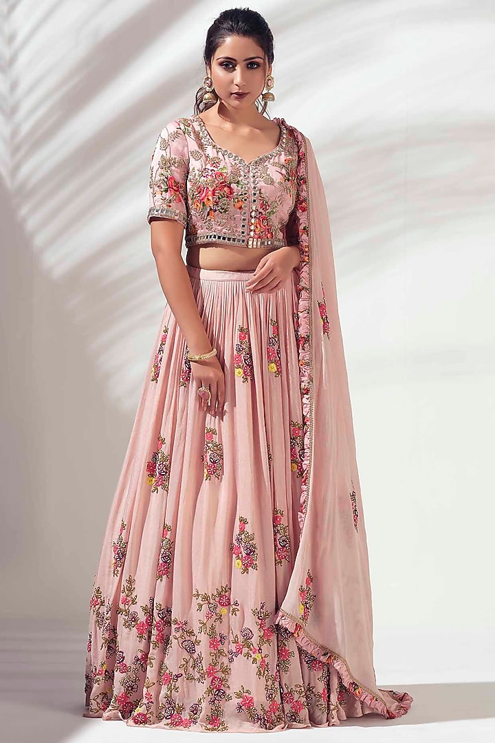Blush Pink Georgette Crepe Embroidered Wedding Lehenga Set by Suruchi Parakh at Pernia's Pop Up Shop