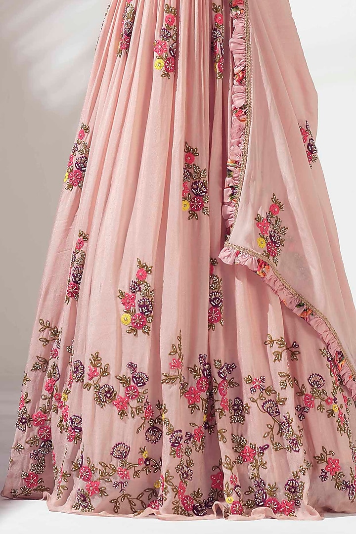 Blush Pink Georgette Crepe Embroidered Wedding Lehenga Set by Suruchi Parakh at Pernia's Pop Up Shop