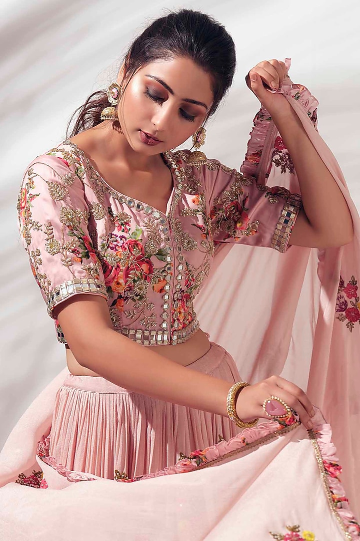 Blush Pink Georgette Crepe Embroidered Wedding Lehenga Set by Suruchi Parakh at Pernia's Pop Up Shop