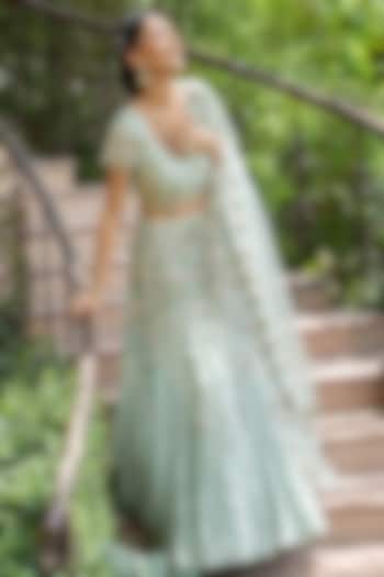 Teal Blue Hand Embroidered Wedding Lehenga Set by Summer by Priyanka Gupta at Pernia's Pop Up Shop