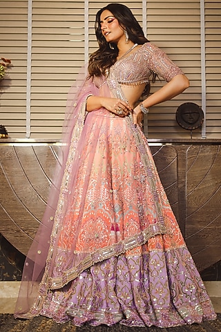 Peach Embroidered & Printed Lehenga Set by Moledro