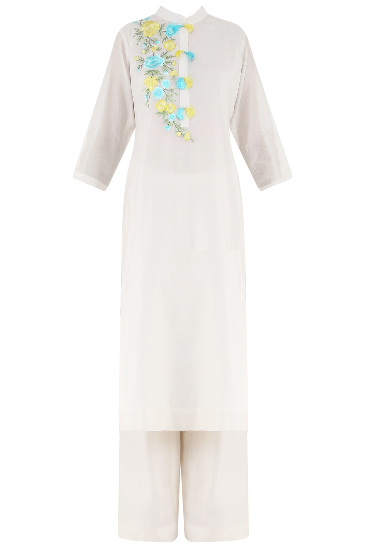 White embroidered and tassel buttons kurta and palazzo pants set available only at Pernia's Pop Up Shop.