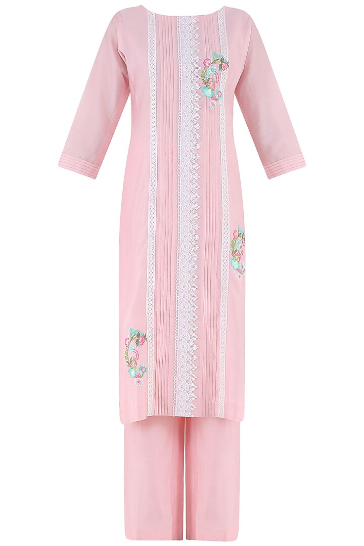 Blush Pink Thread Embroidered Kurta and Palazzo Pants Set by Surabhi Arya