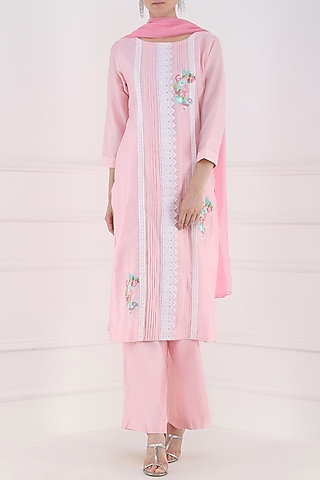 Blush Pink Thread Embroidered Kurta and Palazzo Pants Set by Surabhi Arya
