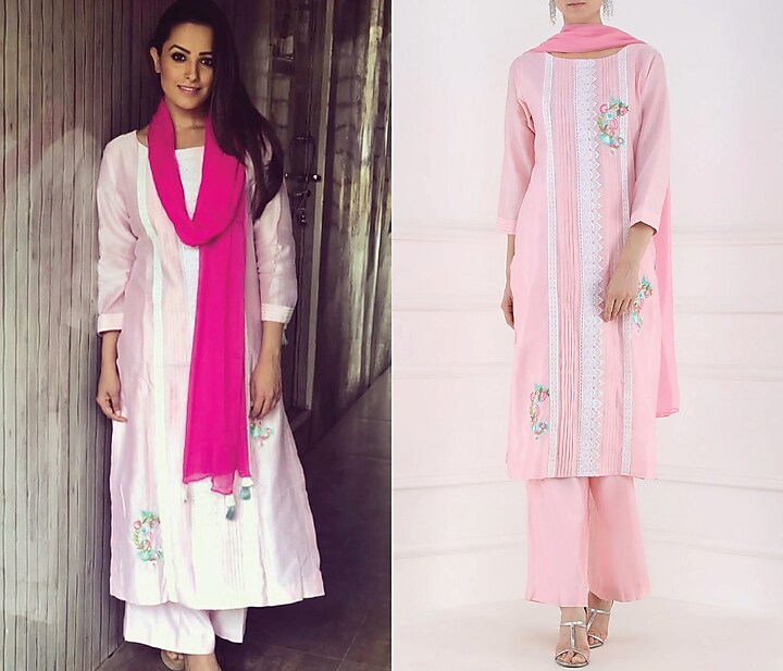 Blush pink thread embroidered kurta and palazzo pants set available only at Pernia's Pop Up Shop.