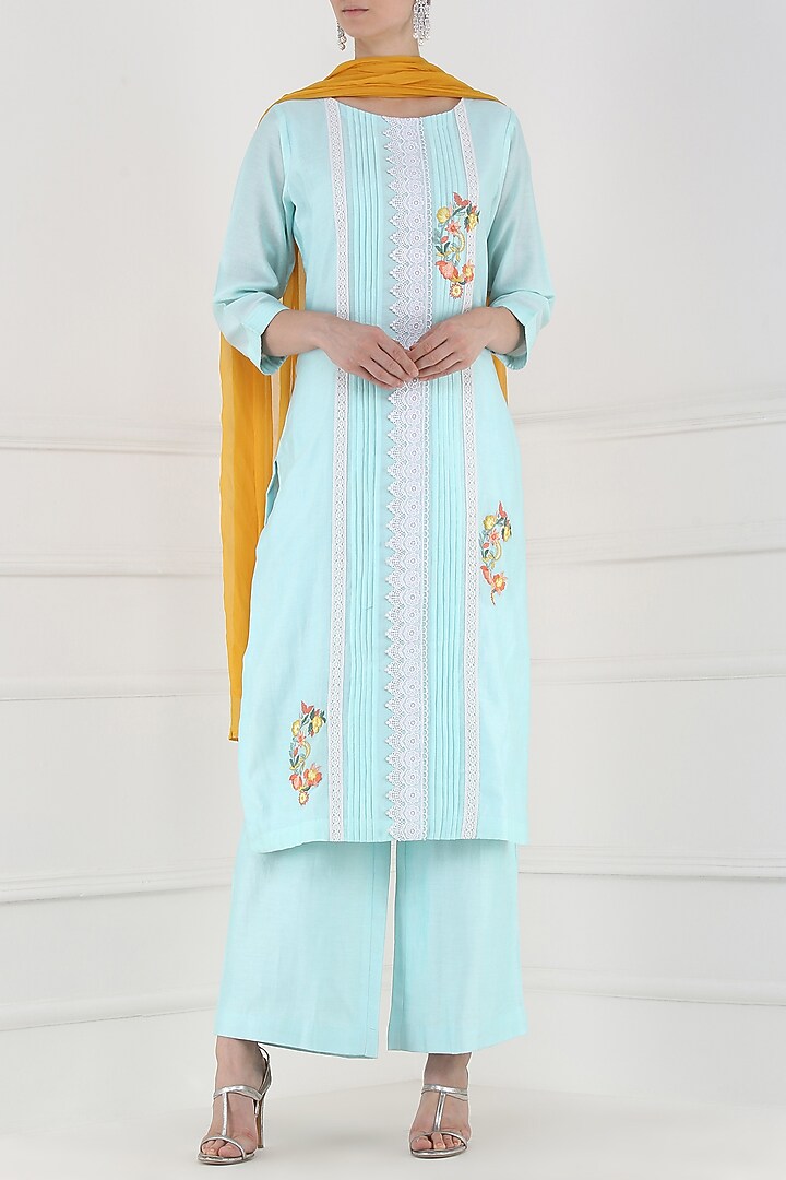 Powder blue thread embroidered kurta and palazzo pants set available only at Pernia's Pop Up Shop.