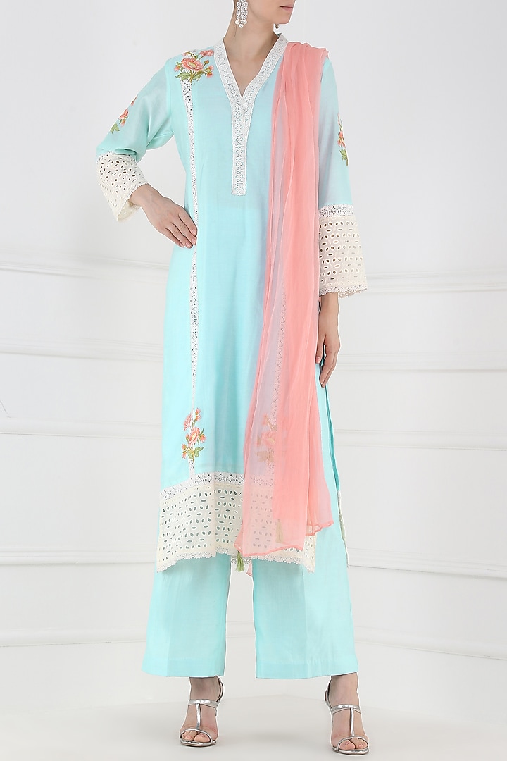 Powder Blue Embroidered Kurta with Palazzo and Dupatta main image 1