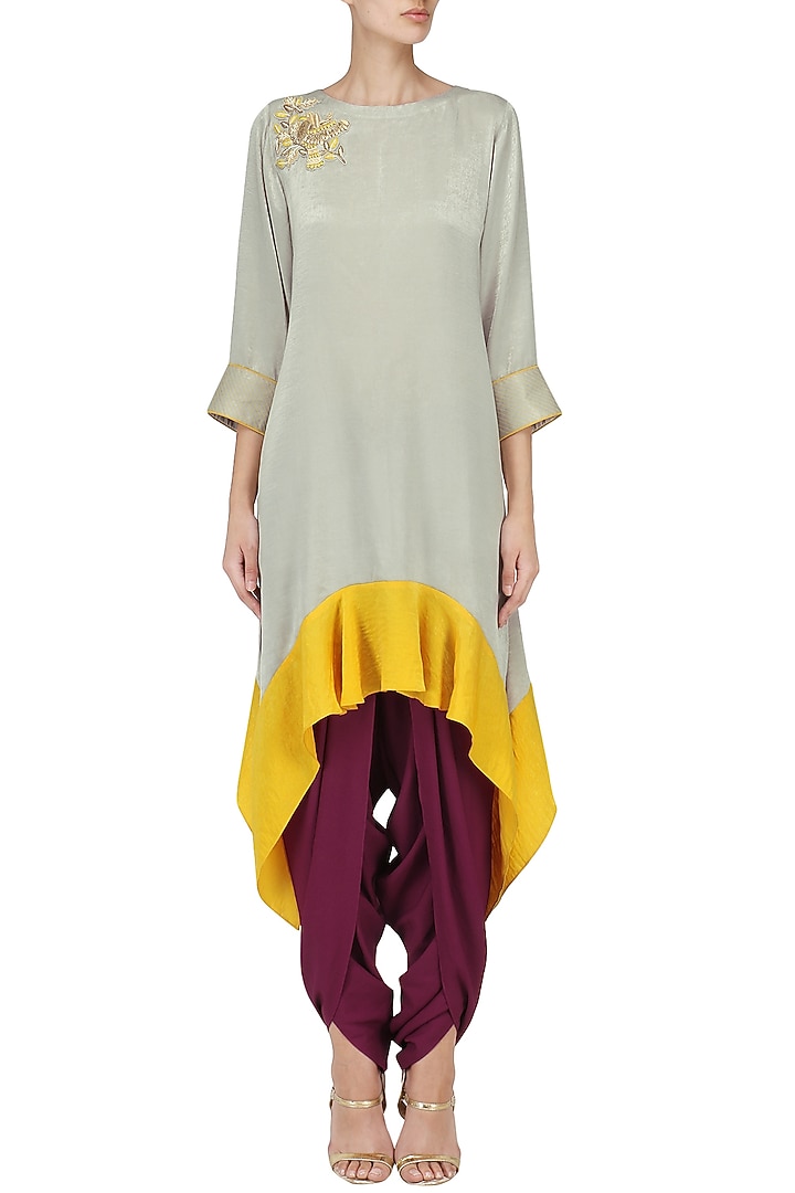 Grey Asymmetric tunic with purple dhoti pants set available only at Pernia's Pop Up Shop.