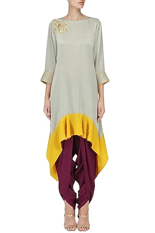 Grey Asymmetric Tunic with Purple Dhoti Pants Set by Surabhi Arya