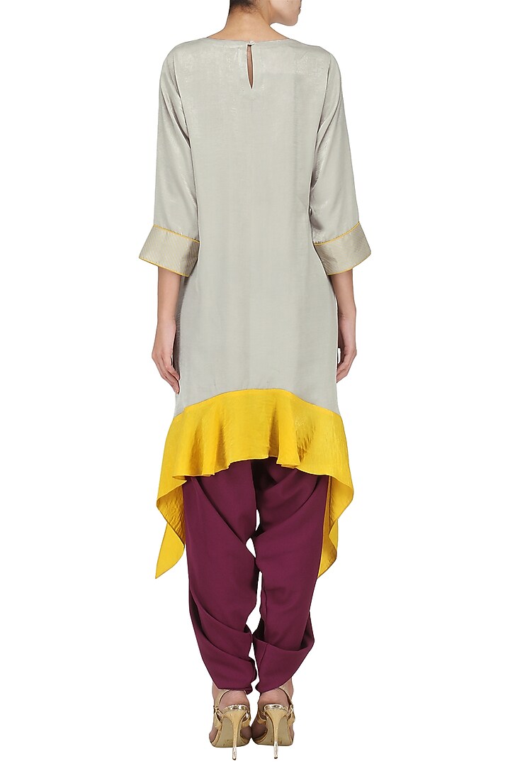 Grey Asymmetric tunic with purple dhoti pants set available only at Pernia's Pop Up Shop.