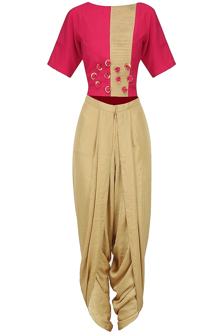 Pink Embroidered Crop Top with Gold Dhoti Pants Set by Surabhi Arya