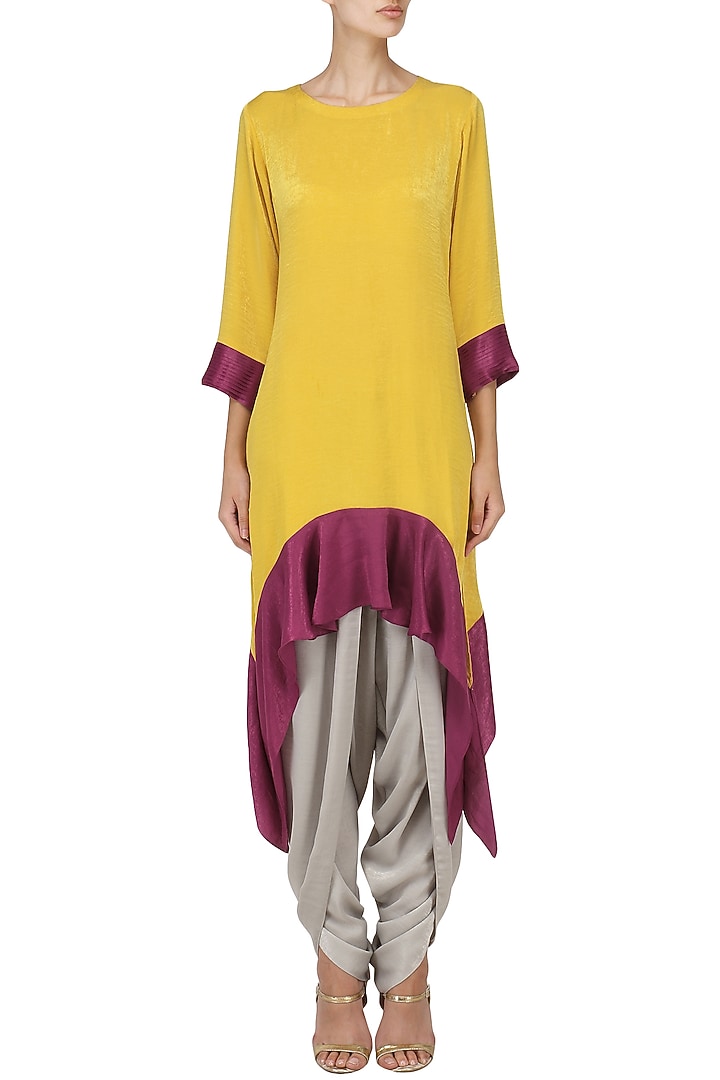 Yellow asymmetric tunic with dhoti pants set available only at Pernia's Pop Up Shop.