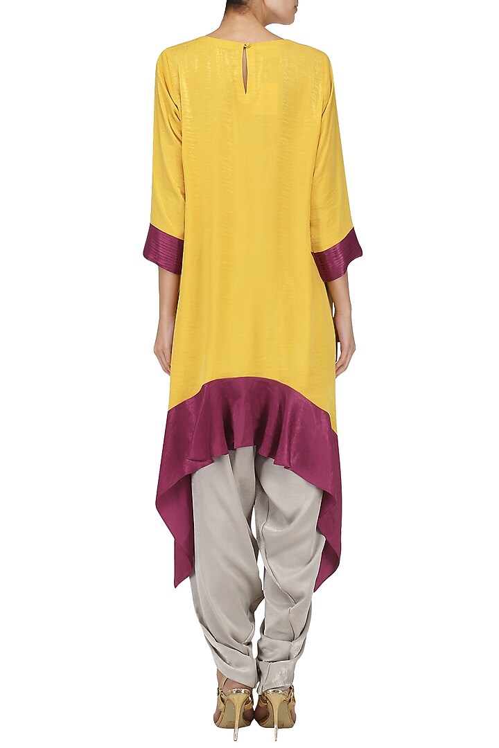 Yellow asymmetric tunic with dhoti pants set available only at Pernia's Pop Up Shop.