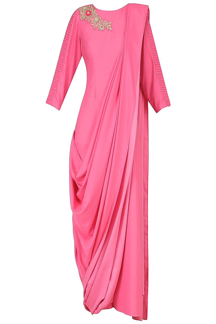 Hot Pink Embroidered Drape Gown by Surabhi Arya