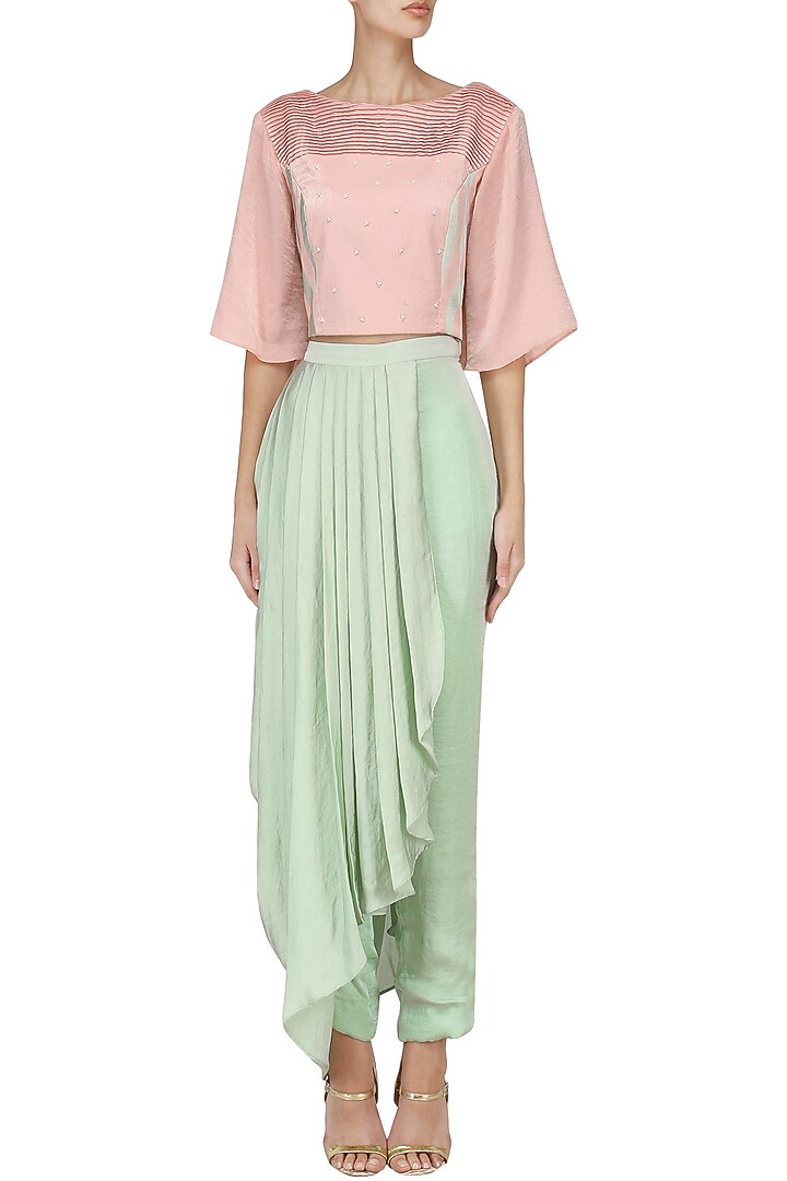 Pink embroidered top with drape dhoti pants set available only at Pernia's Pop Up Shop.