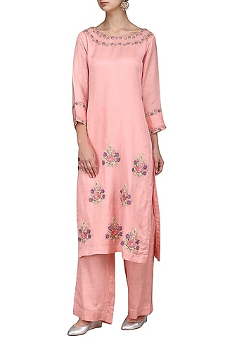 Pink Embroidered Kurta with Palazzo Pants by Surabhi Arya