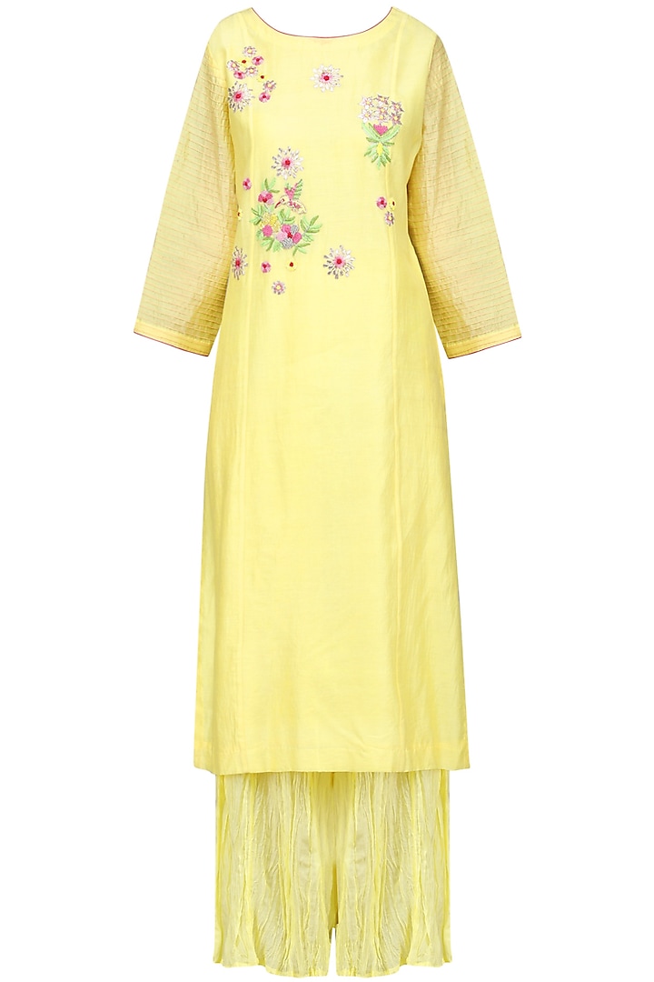 Yellow and Pink Embrodiered Kurta Set by Surabhi Arya
