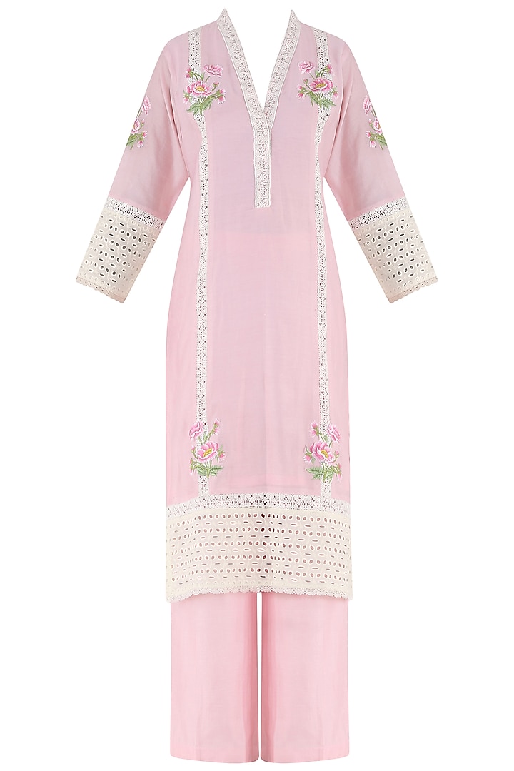 Powder Pink Embroidered Kurta and Palazzo Pants Set by Surabhi Arya