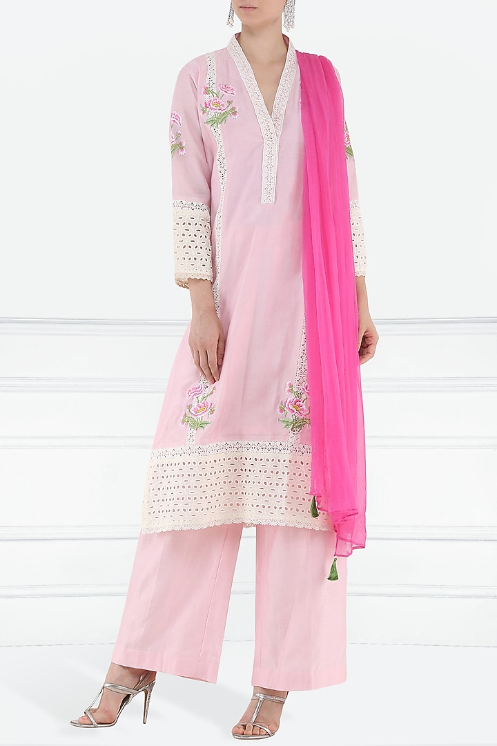 Powder pink embroidered kurta and palazzo pants set available only at Pernia's Pop Up Shop.