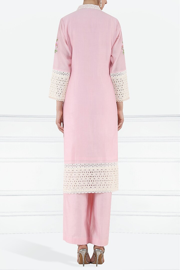 Powder pink embroidered kurta and palazzo pants set available only at Pernia's Pop Up Shop.