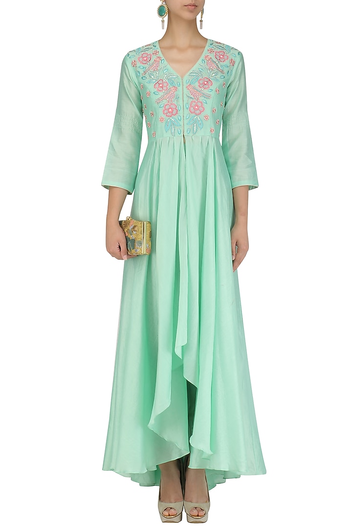 Green bird motif front open asymmetric anarkali set available only at Pernia's Pop Up Shop.