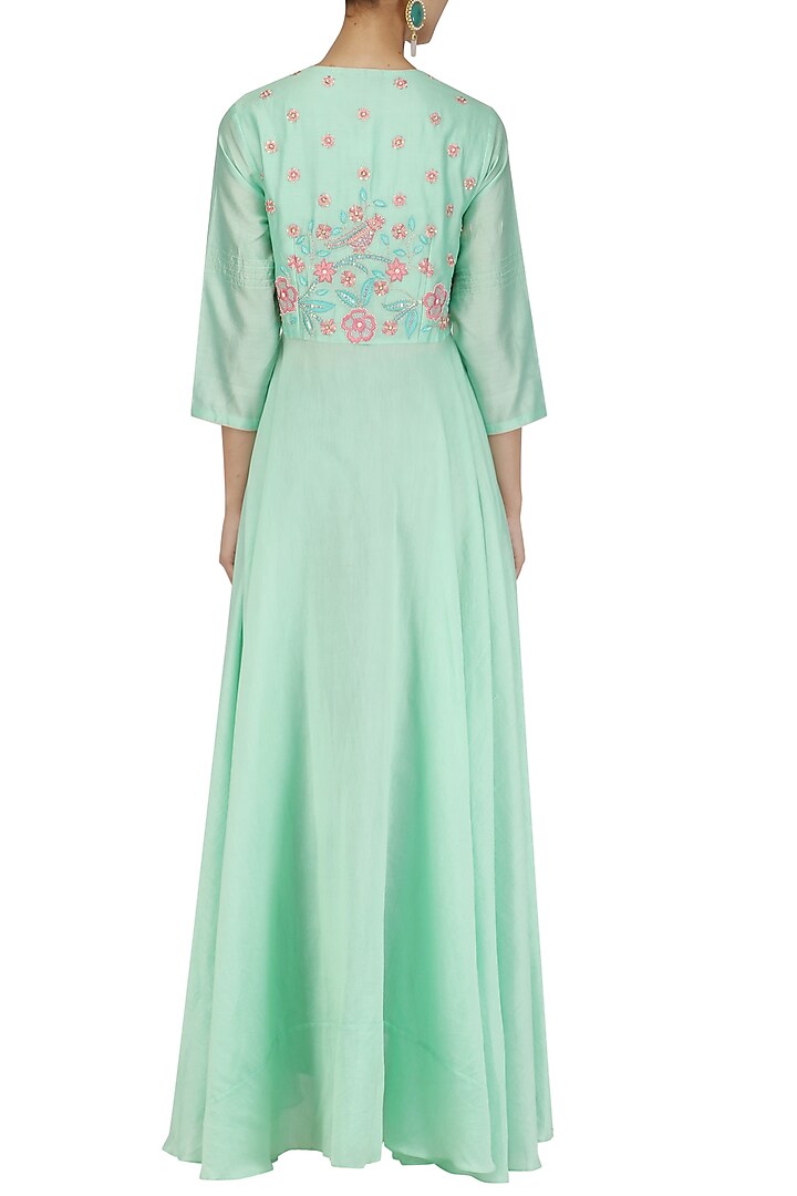 Green bird motif front open asymmetric anarkali set available only at Pernia's Pop Up Shop.