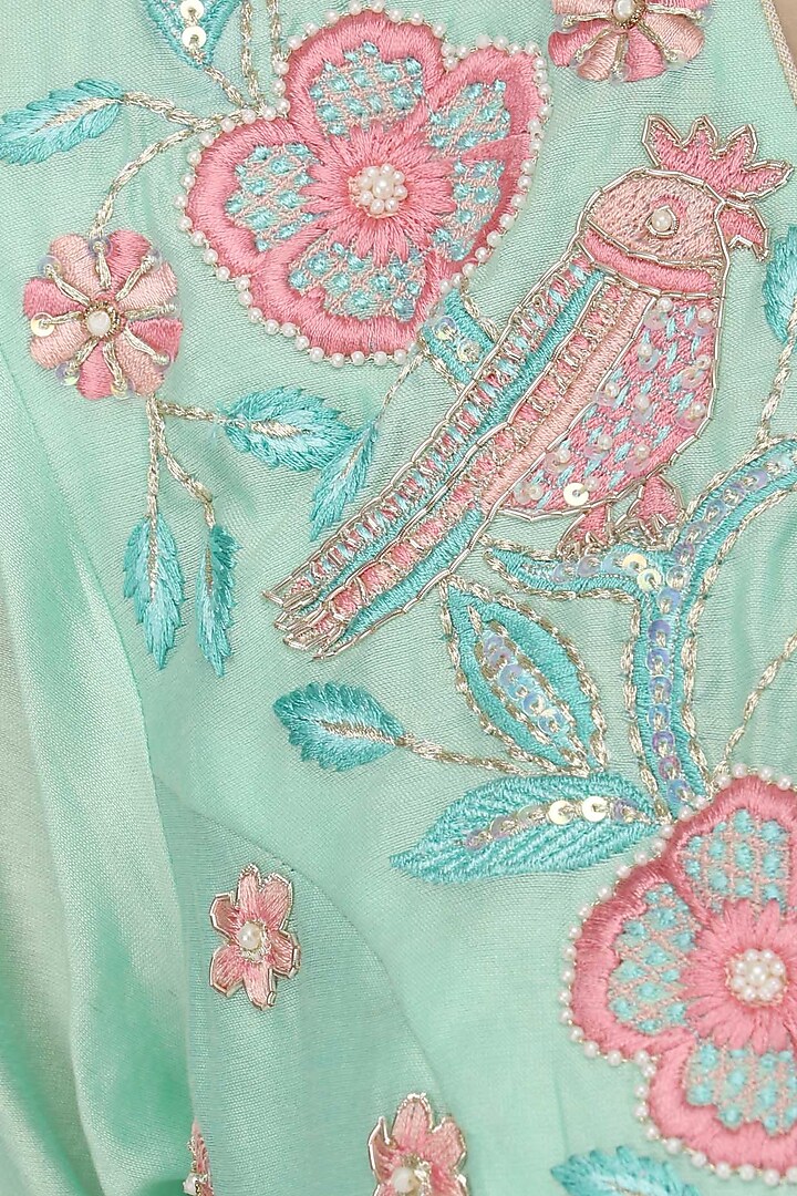 Green bird motif front open asymmetric anarkali set available only at Pernia's Pop Up Shop.
