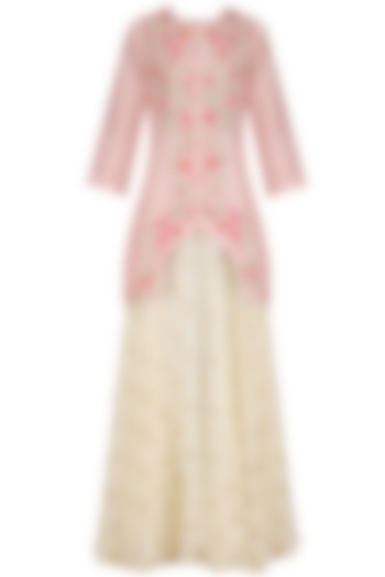 Pink 3D Floral Embroidered Short Jacket Kurta with White Skirt by Surabhi Arya