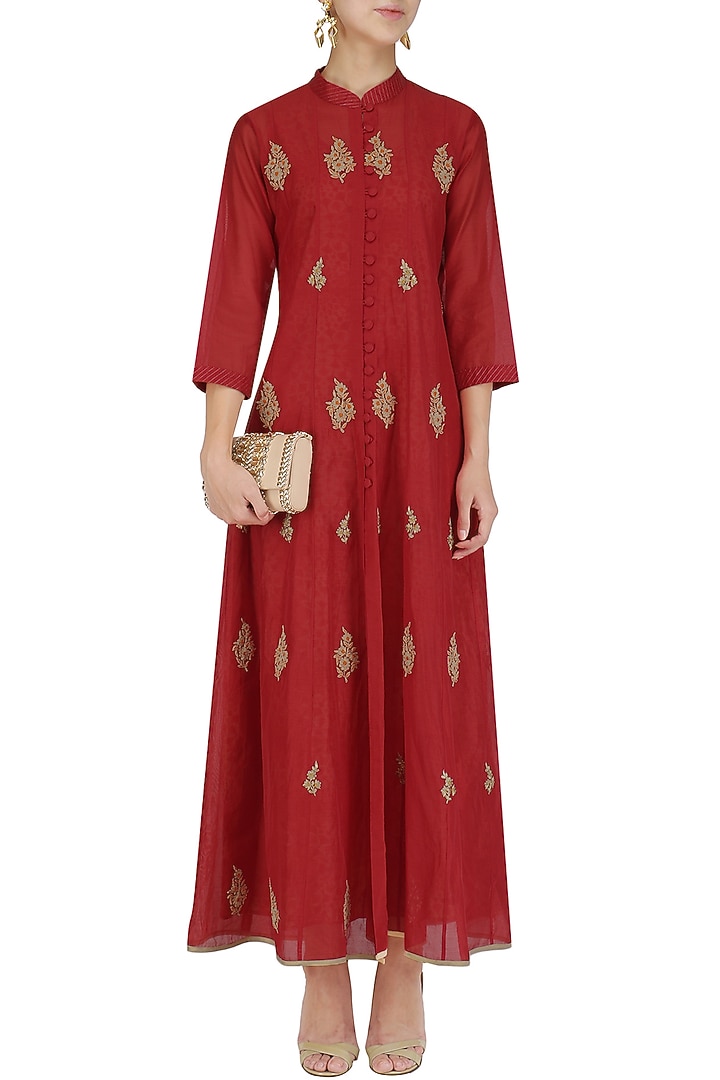 Red kasab embroided anarkali and slip available only at Pernia's Pop Up Shop.