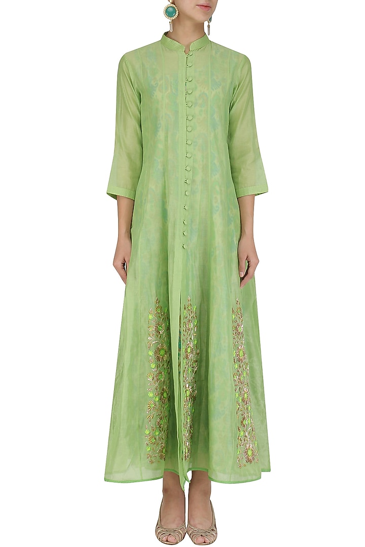 Green charkhi gota embroidered anarkali with printed slip available only at Pernia's Pop Up Shop.