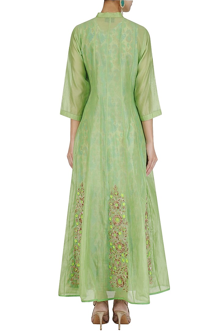 Green charkhi gota embroidered anarkali with printed slip available only at Pernia's Pop Up Shop.