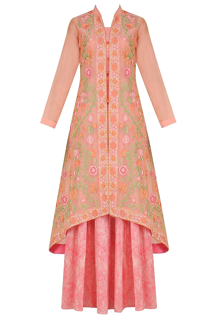 Pink Resham Embroidered Asymmetric Long Jacket with A-Line Slip by Surabhi Arya