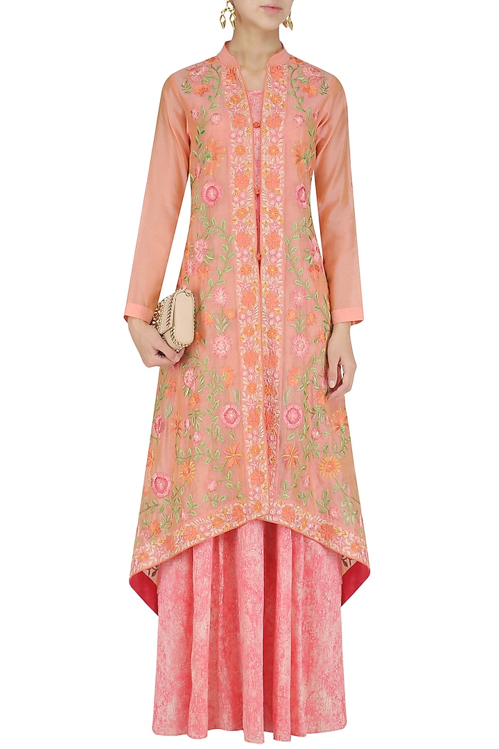 Pink resham embroidered asymmetric long jacket with A-line slip available only at Pernia's Pop Up Shop.