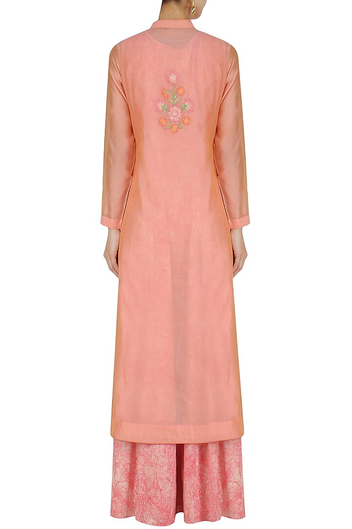 Pink resham embroidered asymmetric long jacket with A-line slip available only at Pernia's Pop Up Shop.