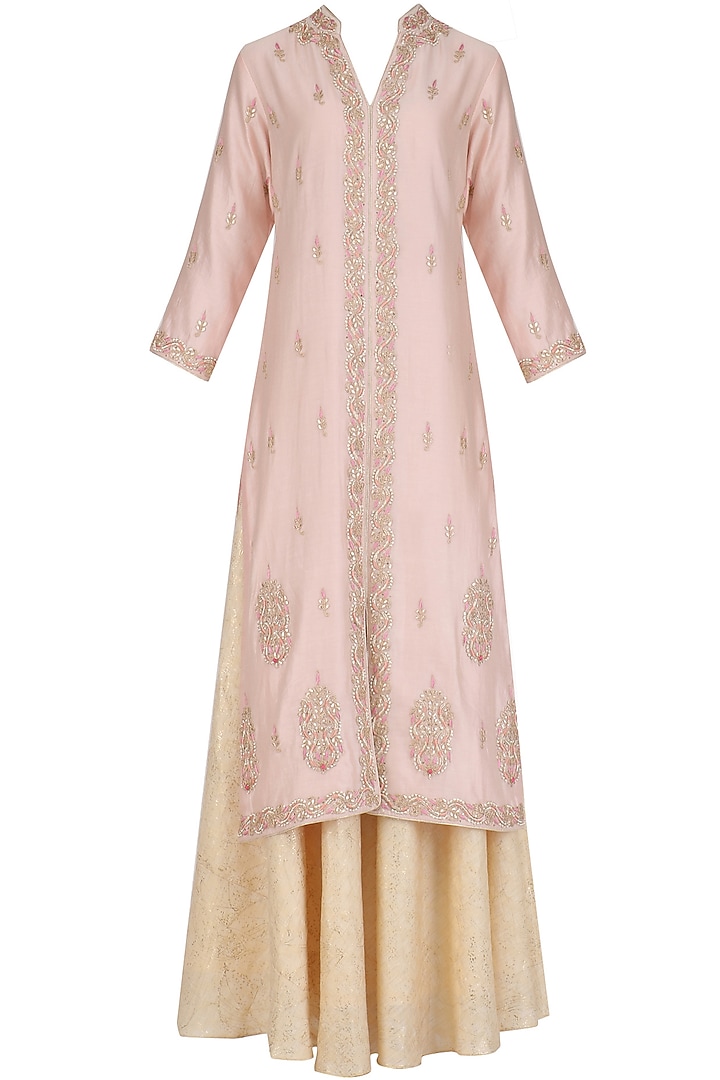 Pink Hand Embroided Straight Jacket with White Skirt by Surabhi Arya